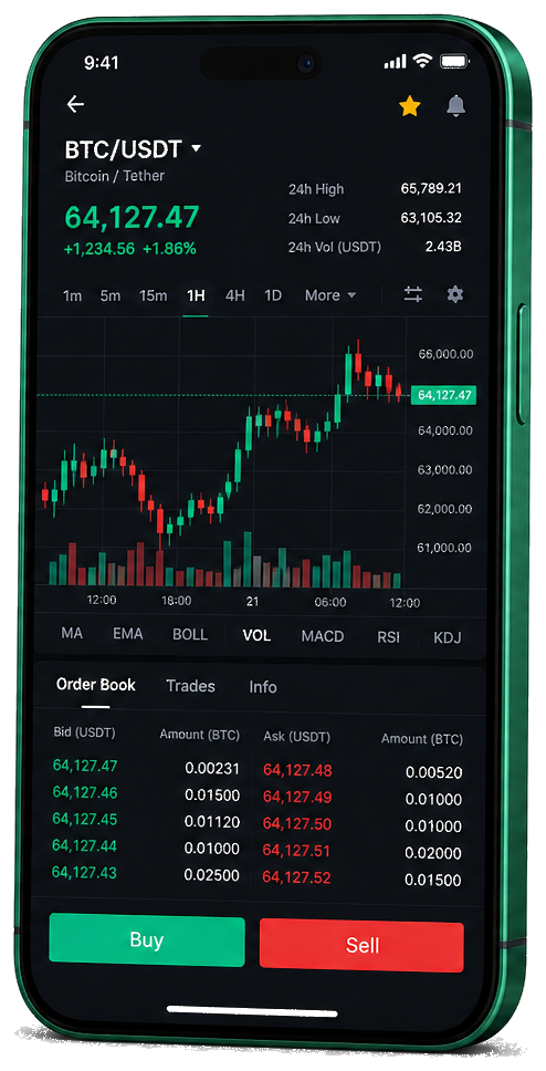 Impulse Ledgium mobile trading platform — live BTC/USDT chart, order book and buy/sell interface